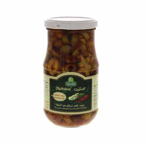 HALWANI SLICED GREEN OLIVES WITH CHILI 325GM 